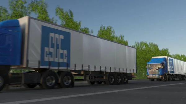 Vracht semi vrachtwagens met China staat Construction Engineering Corporation logo rijden langs bos weg. Redactioneel 3D-rendering — Stockfoto
