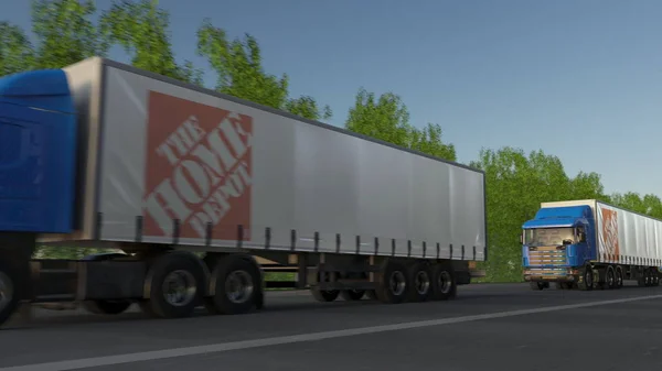 Vracht semi vrachtwagens met The Home Depot logo rijden langs bos weg. Redactioneel 3D-rendering — Stockfoto