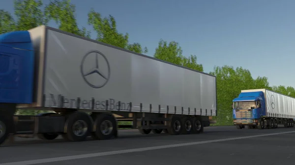 Vracht semi vrachtwagens met Mercedes-Benz logo rijden langs bos weg. Redactioneel 3D-rendering — Stockfoto