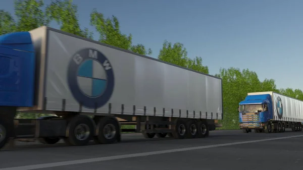 Fracht ciężarówki z logo Bmw jadąc wzdłuż dróg leśnych. Redakcji renderowania 3d — Zdjęcie stockowe