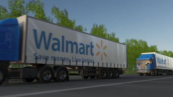 Vracht semi vrachtwagens met Walmart logo rijden langs bos weg. Redactioneel 3D-rendering — Stockfoto