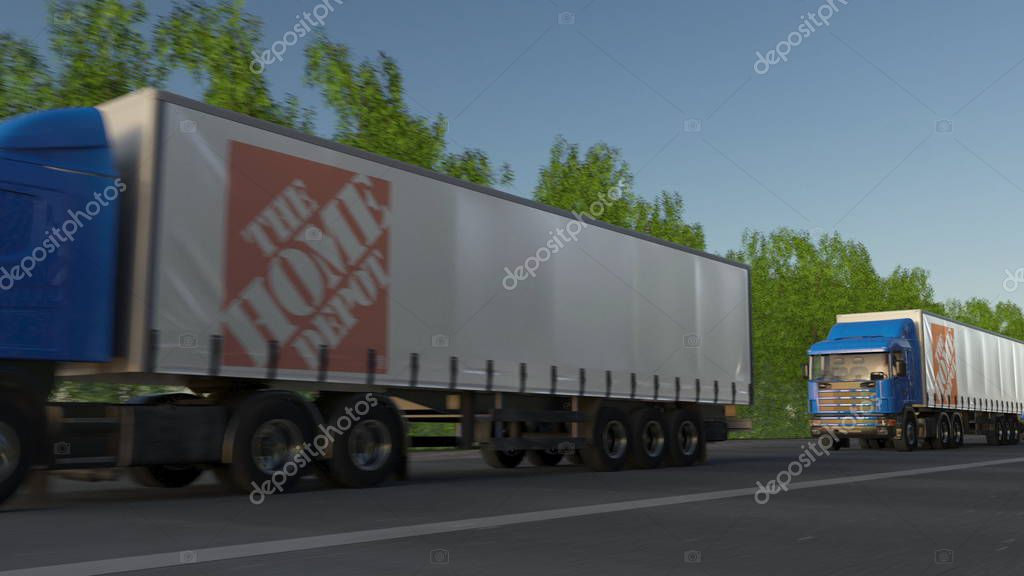 Freight semi trucks with The Home Depot logo driving along forest road. Editorial 3D