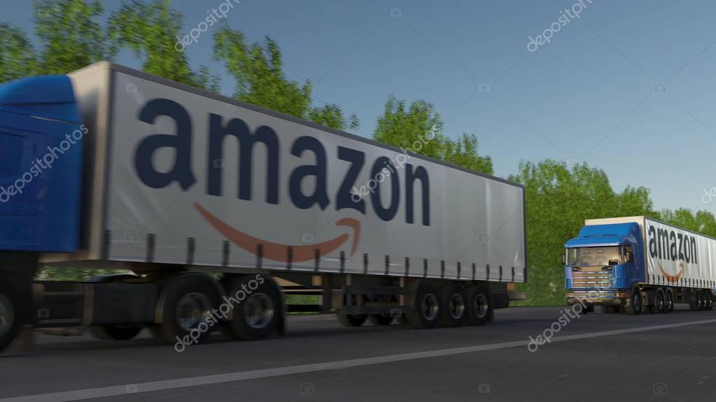 Freight semi trucks with Amazon.com logo driving along forest road. Editorial 3D
