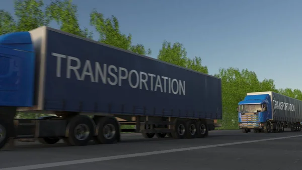 Прискорення вантажних напіввантажів з підписом TRANSPORTATION на трейлері. Автомобільні вантажні перевезення. 3D візуалізація — стокове фото