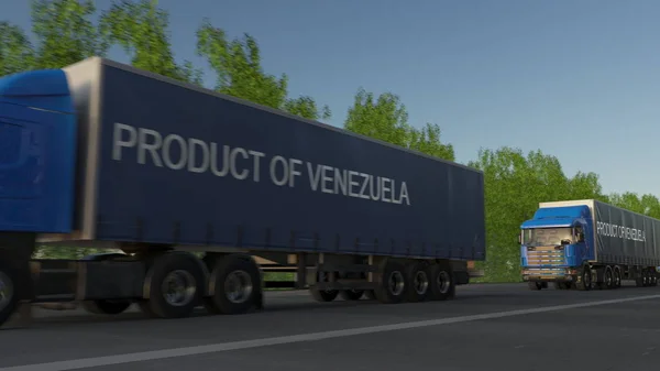 Bewegende vracht semi vrachtwagens met Product van Venezuela bijschrift op de aanhangwagen. Lading wegvervoer. 3D-rendering — Stockfoto