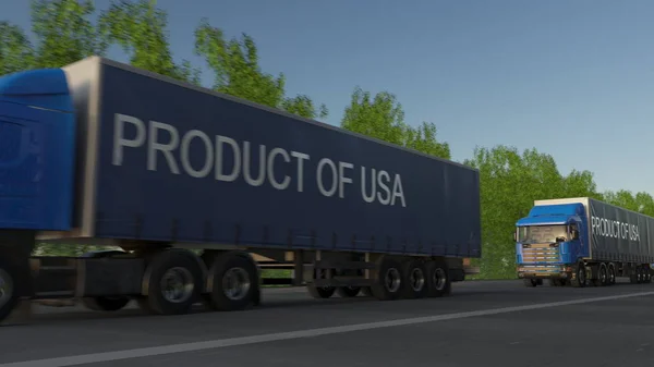 Bewegende vracht semi vrachtwagens met Product van de V.s. bijschrift op de aanhangwagen. Lading wegvervoer. 3D-rendering — Stockfoto