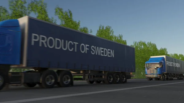 Переміщення вантажного підлозі вантажних автомобілів з підписом продукт Швеції на причепі. Вантажів автомобільним транспортом. 3D-рендерінг — стокове фото