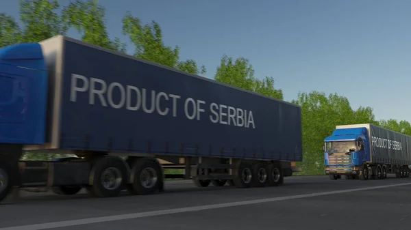 Bewegende vracht semi vrachtwagens met Product van Servië bijschrift op de aanhangwagen. Lading wegvervoer. 3D-rendering — Stockfoto