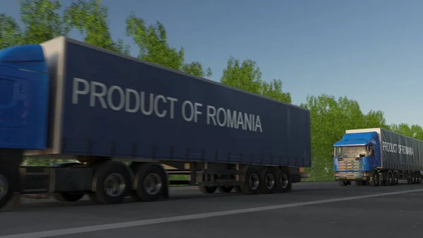 Przenoszenie ładunków ciężarówki z podpisem produktu z Rumunii na przyczepie. Transport drogowy ładunków. renderowania 3D — Zdjęcie stockowe