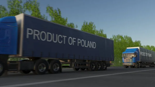 Bewegende vracht semi vrachtwagens met Product van Polen bijschrift op de aanhangwagen. Lading wegvervoer. 3D-rendering — Stockfoto