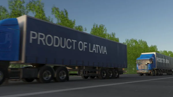 Bewegende vracht semi vrachtwagens met Product van Letland bijschrift op de aanhangwagen. Lading wegvervoer. 3D-rendering — Stockfoto