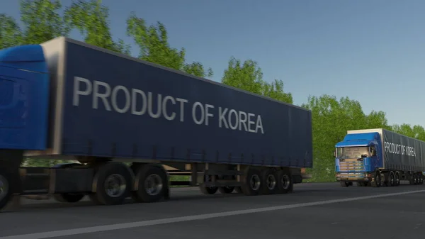 Переміщення вантажного підлозі вантажних автомобілів з підписом продукт Корея на причепі. Вантажів автомобільним транспортом. 3D-рендерінг — стокове фото