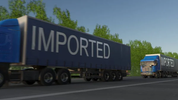 Прискорення перевезення вантажів напіввантажівки з підписом IMPORTED на причепі. Автомобільні вантажні перевезення. 3D візуалізація — стокове фото