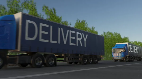 Snelheidsovertredingen vracht semi vrachtwagen met levering bijschrift op de aanhangwagen. Lading wegvervoer. 3D-rendering — Stockfoto