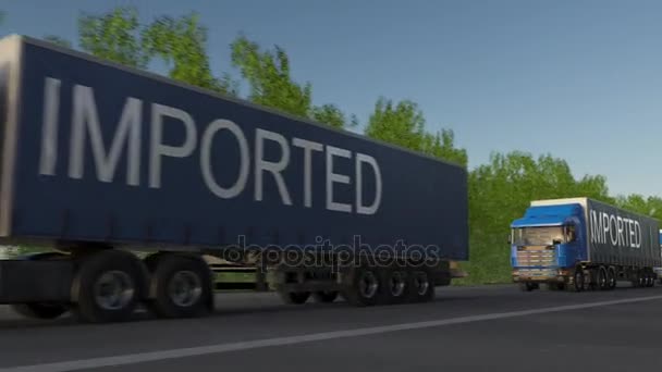 Speeding freight semi truck with IMPORTED caption on the trailer — Stock Video