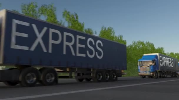 Gyorshajtás áru félig teherautók Express felirat a pótkocsi — Stock videók