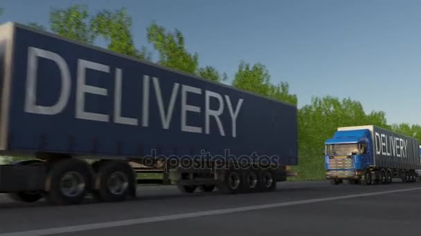 Rozpędzony ciężarówki naczepy frachtu z dostawy podpis na przyczepie — Wideo stockowe