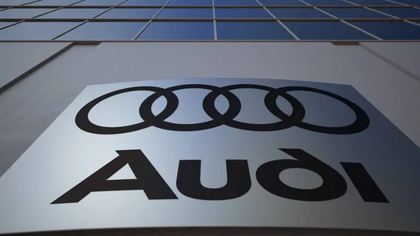 Kültéri jelzések Kártya Audi logó. Modern irodaház. Szerkesztői 3d-leképezés — Stock Fotó