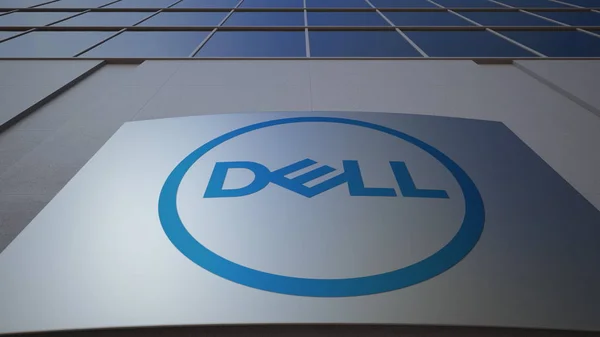 Відкритий вивісок ради з логотипом Dell вкл. Сучасні Офісні будівлі. Редакційні 3d-рендерінг — стокове фото