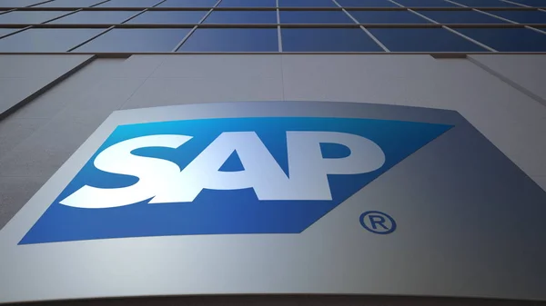 Panneau d'affichage extérieur avec logo SAP SE. Immeuble de bureaux moderne. Editorial rendu 3D — Photo