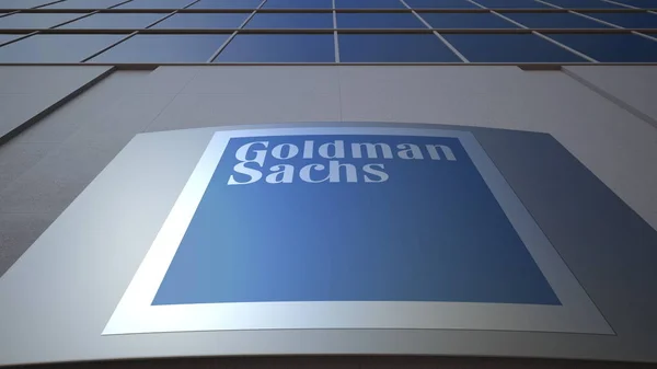 Buiten signalisatie bord met het logo van Goldman Sachs Group, Inc. Modern kantoorgebouw. Redactioneel 3D-rendering — Stockfoto