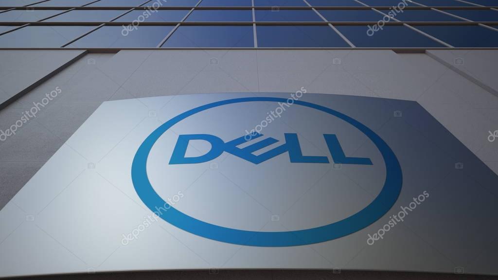 Outdoor signage board with Dell Inc. logo. Modern office building. Editorial 3D