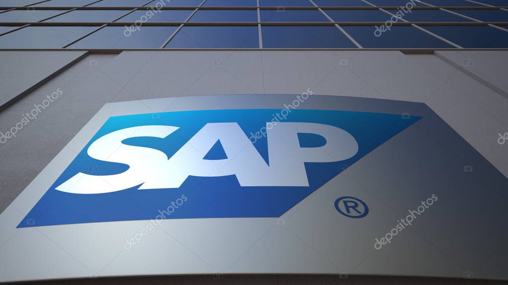 Outdoor signage board with SAP SE logo. Modern office building. Editorial 3D