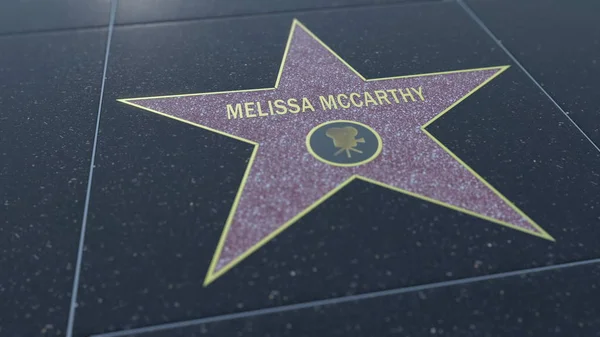 Hollywood Walk of Fame estrela com inscrição MELISSA MCCARTHY. Renderização 3D editorial — Fotografia de Stock