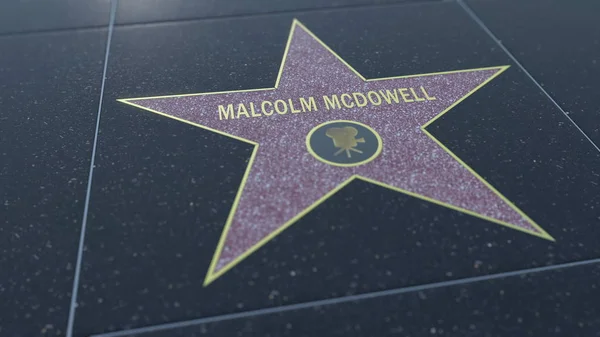 Hollywood Walk of Fame stella con iscrizione MALCOLM MCDOWELL. Rendering editoriale 3D — Foto Stock