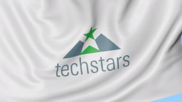 Размахиваю флагом с логотипом Techstars. Бесшовный цикл редакционной анимации 4К — стоковое видео