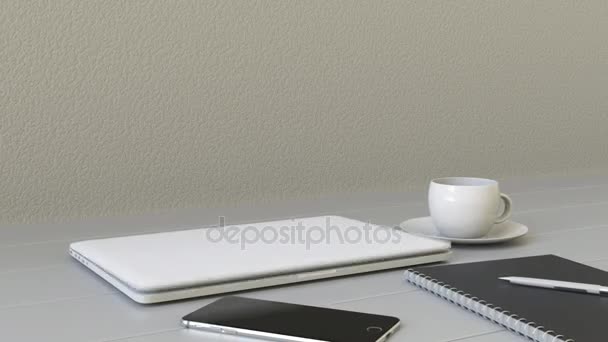 Άνοιγμα laptop με Sosv λογότυπο στην οθόνη. Σύγχρονο εργασιακό χώρο εννοιολογική συντακτική 4k κινούμενα σχέδια — Αρχείο Βίντεο