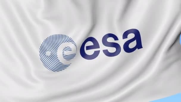 Viftande flagga med Europeiska rymdorganisationen logotyp. Seamles slinga 4k redaktionella animation — Stockvideo