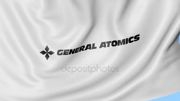 Bandera ondeante con logo General Atomics. Seamles loop animación editorial 4K — Vídeos de Stock