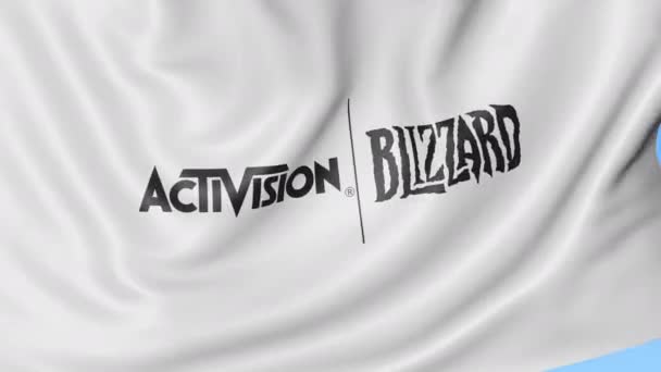 Bandiera sventola con logo Activision Blizzard. Seamles loop 4K animazione editoriale — Video Stock