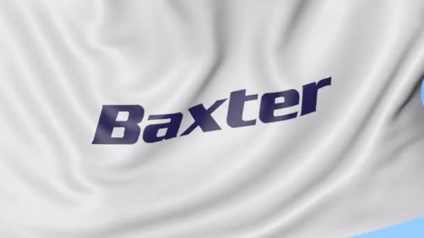 Bandera ondeante con logotipo de Baxter International. Seamles loop animación editorial 4K — Vídeos de Stock