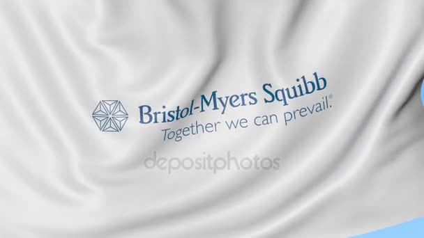 Acenando bandeira com logotipo Bristol-Myers Squibb. Seamles loop 4K animação editorial — Vídeo de Stock