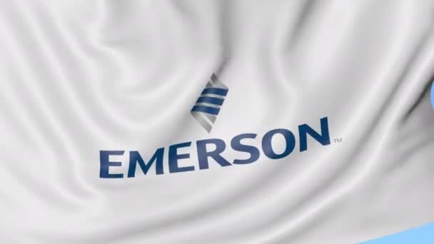 Размахиваю флагом с логотипом Emerson Electric. Seamles loop 4K editionary animation — стоковое видео