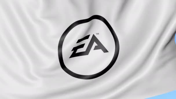 Κουνώντας τη σημαία με το λογότυπο της Electronic Arts. Ιδιαίτερα ελαστικό βρόχο 4k σύνταξης κινούμενα σχέδια — Αρχείο Βίντεο