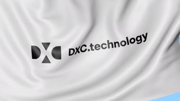 Bandera ondeante con logo Dxc Technology. Seamles loop animación editorial 4K — Vídeo de stock