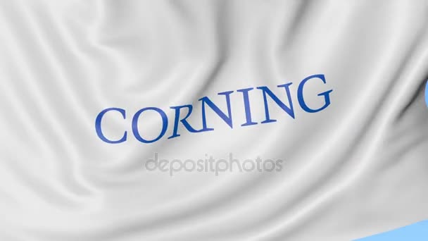 Bandera ondeante con logotipo de Corning Inc. Seamles loop animación editorial 4K — Vídeos de Stock