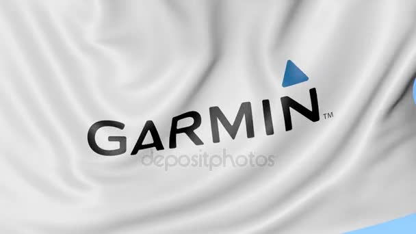 Κουνώντας τη σημαία με το λογότυπο Garmin. Ιδιαίτερα ελαστικό βρόχο 4k σύνταξης κινούμενα σχέδια — Αρχείο Βίντεο