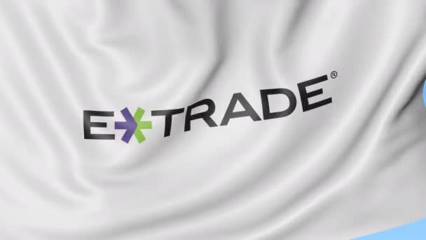 Waving flag with E Trade logo. Seamles loop 4K editorial animation — Stock Video