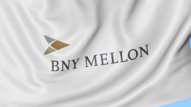 Bandera ondeando con el logo de The Bank Of New York Mellon. Seamles loop animación editorial 4K — Vídeos de Stock