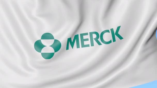 Κουνώντας τη σημαία με το λογότυπο Merck Co. Ιδιαίτερα ελαστικό βρόχο 4k σύνταξης κινούμενα σχέδια — Αρχείο Βίντεο