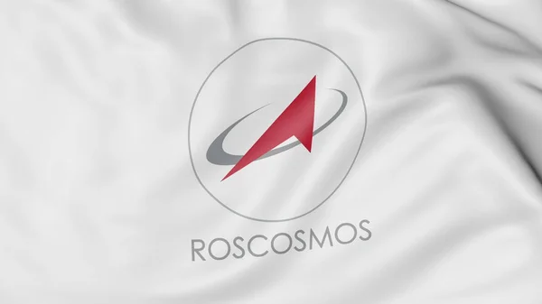 Bandiera sventolante con logo Roscosmos State Corporation. Rendering editoriale 3D — Foto Stock