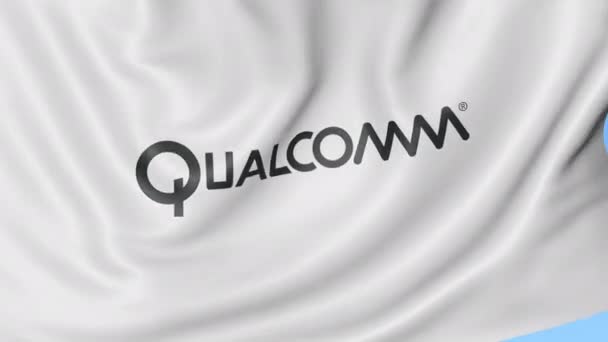 Drapeau ondulé avec logo Qualcomm. Seamles boucle 4K animation éditoriale — Video
