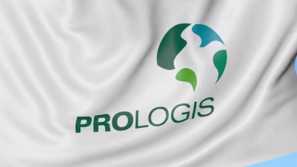 Κουνώντας τη σημαία με το λογότυπο Prologis. Ιδιαίτερα ελαστικό βρόχο 4k σύνταξης κινούμενα σχέδια — Αρχείο Βίντεο