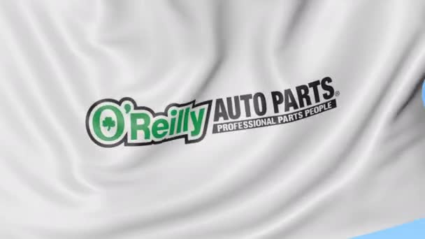 Mengayunkan bendera dengan logo Oreilly Auto Parts. Animasi editorial Seamles loop 4K — Stok Video