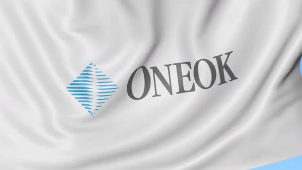 Κουνώντας τη σημαία με το λογότυπο Oneok. Ιδιαίτερα ελαστικό βρόχο 4k σύνταξης κινούμενα σχέδια — Αρχείο Βίντεο