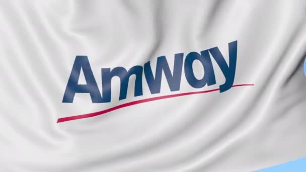 Κουνώντας τη σημαία με το λογότυπο της Amway. Ιδιαίτερα ελαστικό βρόχο 4k σύνταξης κινούμενα σχέδια — Αρχείο Βίντεο